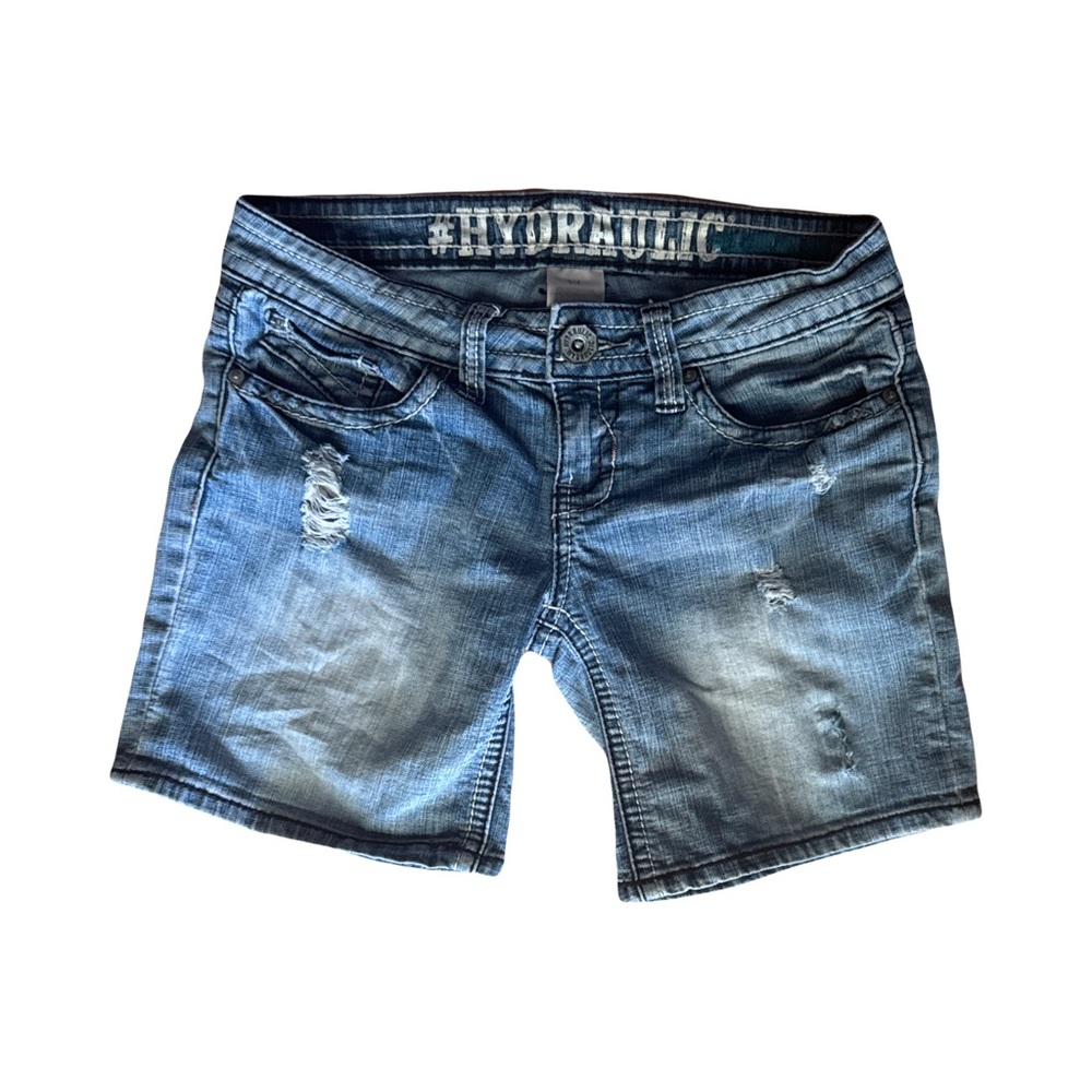 Hydraulic Faded Blue Distressed Jean Shorts 3/4